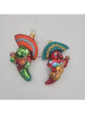 2 Glass Southwestern Christmas Ornaments Art Glass Barrel Cactus Chili Peppers